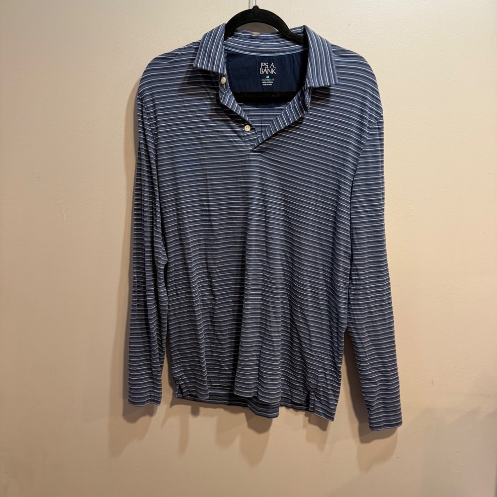 Jos A Bank‎ Mens Tailored Fit Long Sleeve Polo Shirt Blue Striped Cotton Medium